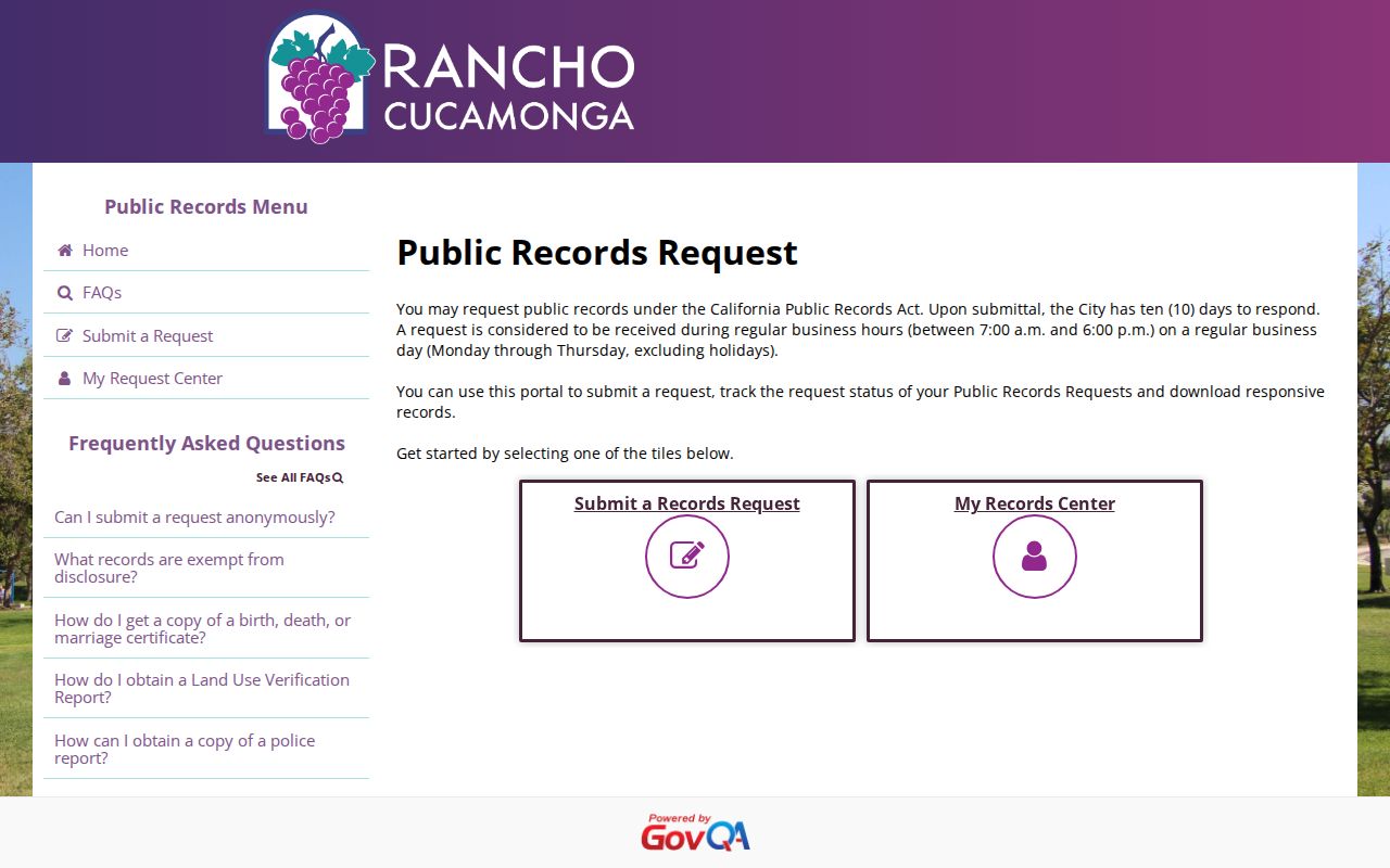Rancho Cucamonga people search records request portal