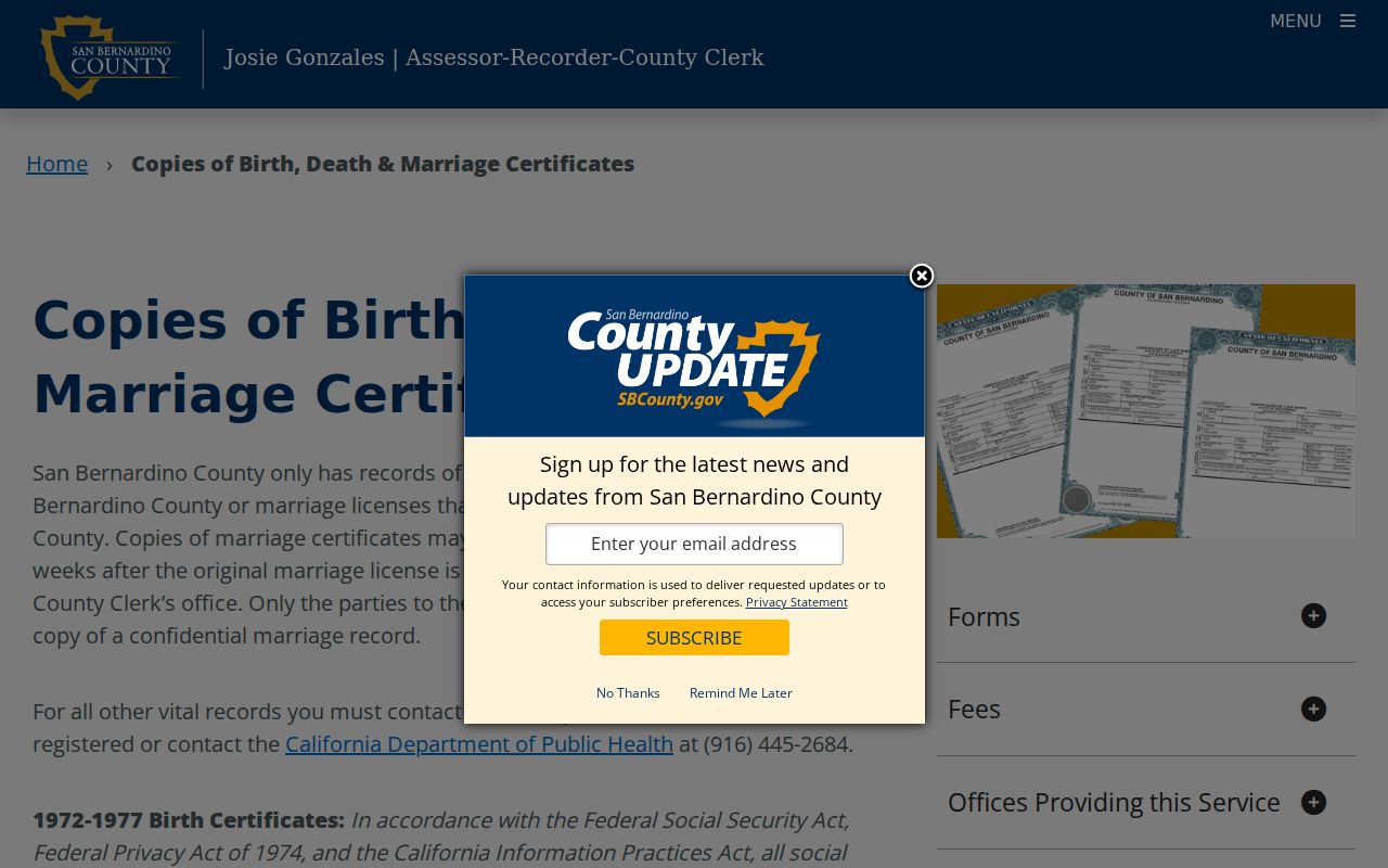 Rancho Cucamonga public records county vital records access page