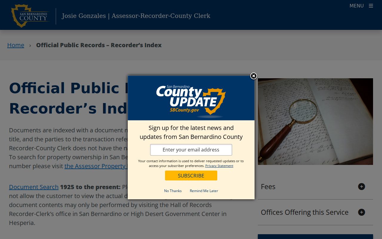 Rancho Cucamonga public records official-records copy and index page