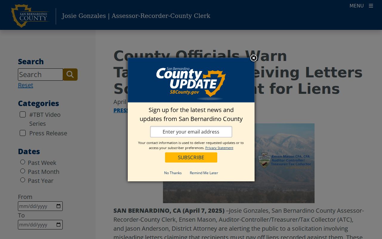 Rancho Cucamonga voter registration records research and county lien scam warning